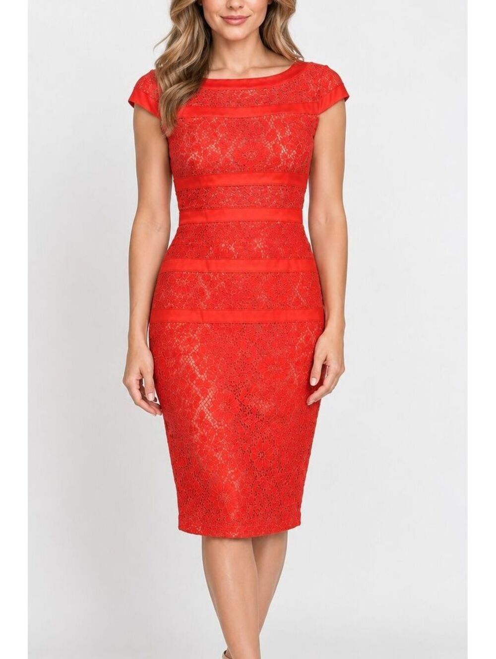 Adrianna Papell Red Lace Sheath Cocktail Dress Sz 4 Wedding Guest Holiday